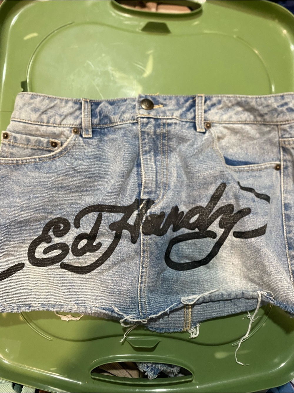 Ed Hardy Light Blue Denim Cutoff Shorts with Black Script Logo
